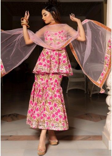 Pink Readymade Block Printed Sharara Suit Set