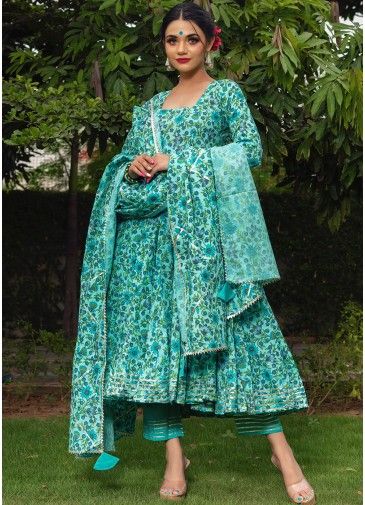 Green Readymade Block Printed Anarkali Style Suit