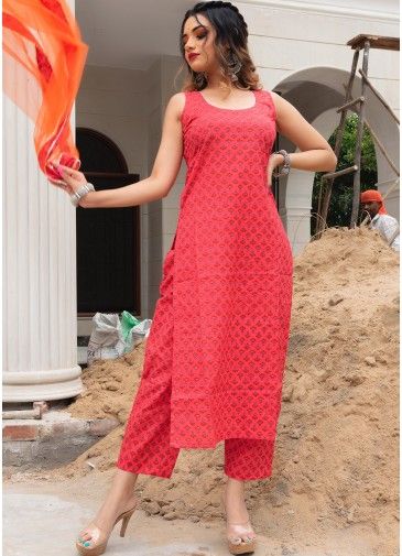 Red Readymade Pant Suit In Block Print