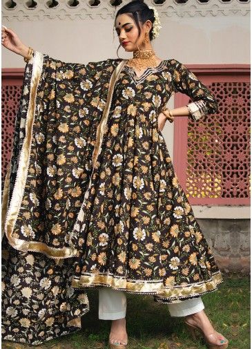 Brown Hand Block Printed Readymade Anarkali Suit