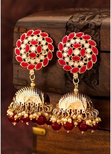 Stone Studded Red Jhumka Earrings