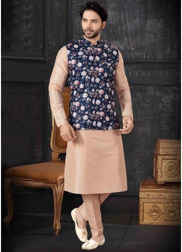 Beige Kurta Pant With Floral Printed Nehru Jacket