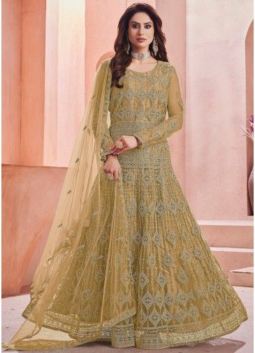 Yellow Embroidered Net Anarkali Suit Set