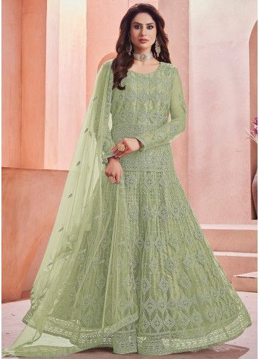 Embroidered Net Anarkali Suit In Green