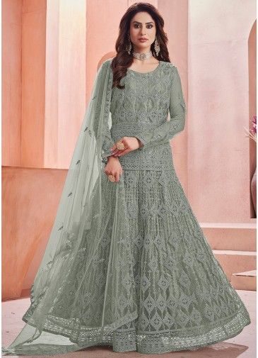 Embroidered Grey Anarkali Style Suit With Dupatta