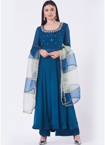Blue Readymade Embellished Anarkali Style Pant Suit