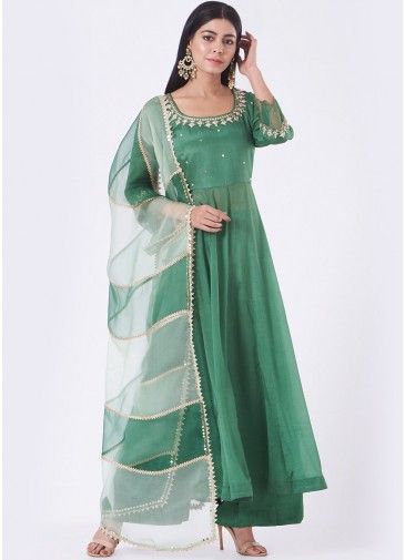 Green Readymade Embellished AnarkalI Salwar Suit