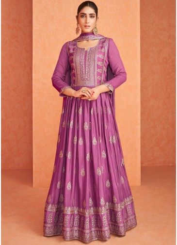 Purple Anarkali Embroidered Salwar Suit With Dupatta