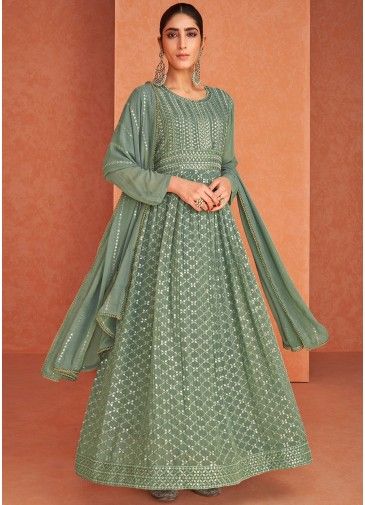 Green Anarkali Embroidered Salwar Suit With Dupatta