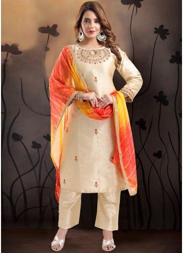 Readymade Beige Embroidered Pant Salwar Suit