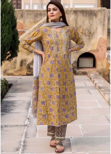 Yellow Block Printed Readymade Suit