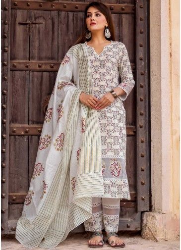 White Block Printed Readymade Cotton Suit