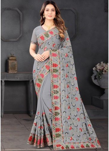 Grey Heavy Border Saree In Georgette With Blouse