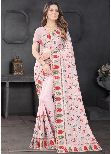 Pink Embroidered Heavy Border Georgette Saree