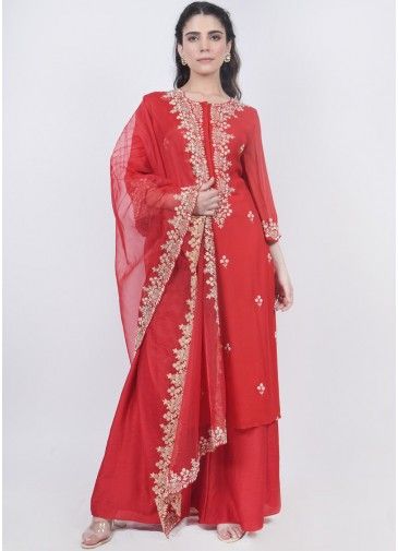 Readymade Red Embroidered Palazzo Suit In Georgette