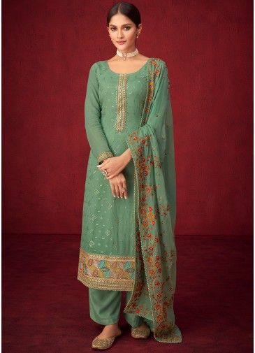 Green Georgette Palazzo Suit With Floral Dupatta
