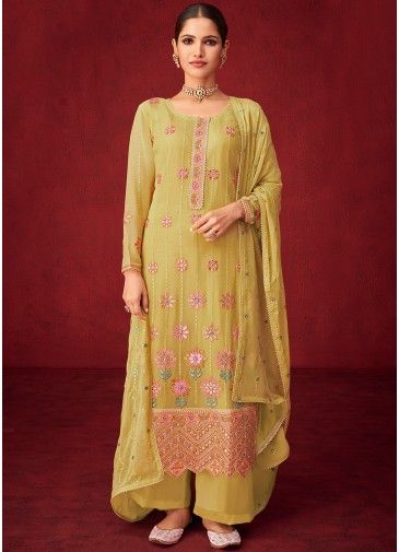 Mirror Embellished Yellow Georgette Suit With Palazzo