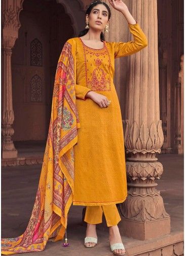 Printed Dupatta With Yellow Cotton Pant Suit