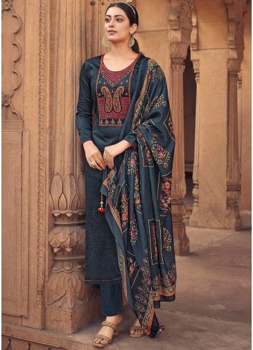 Blue Embroidered Cotton Kameez With Pants