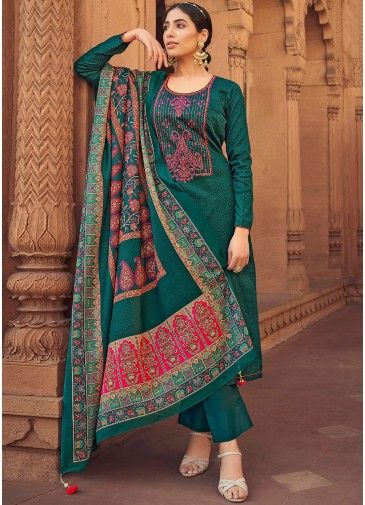 Green Embroidered Cotton Suit In Straight Cut