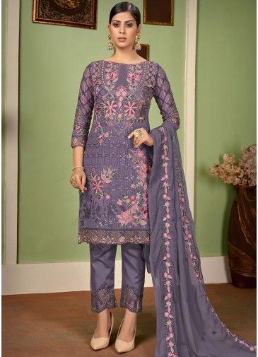Purple Floral Embroidered Georgette Kameez With Pants
