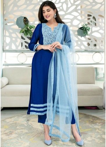Readymade Blue Embroidered Chanderi Pant Suit