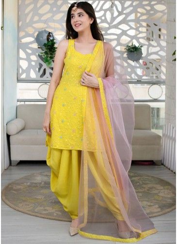 Readymade Yellow Embroidered Punjabi Suit