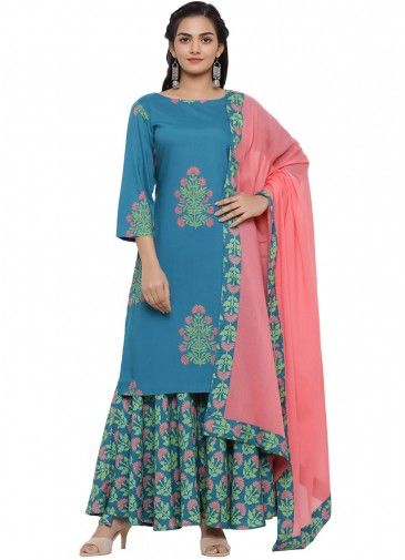 Blue Printed Readymade Sharara Suit In Cotton