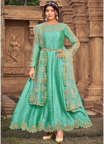 Green Anarkali Embroidered Suit With Net Dupatta