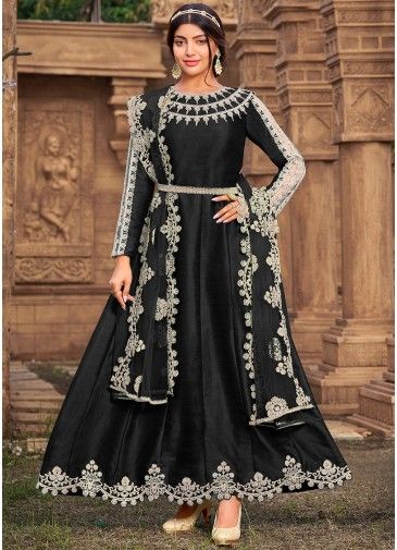 Black Stone Embellished Anarkali Suit In Art Silk