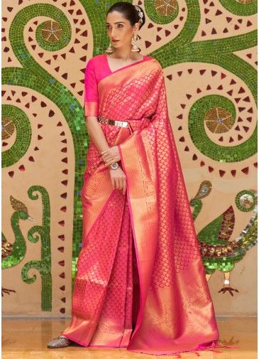 Art Silk Pink Woven Saree With Blouse