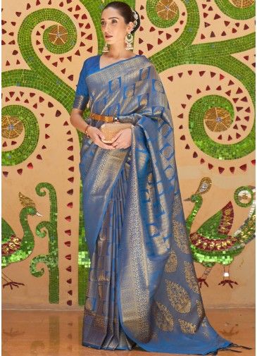 Zari Woven Blue Art Silk Saree