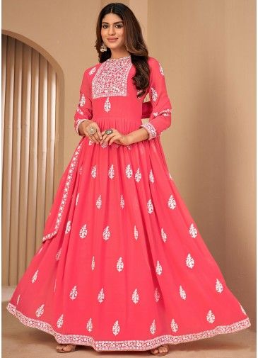 Pink Embroidered Anarkali Style Suit