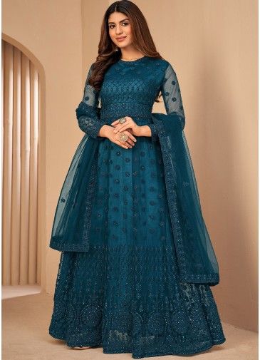 Embroidered Blue Anarkali Suit In Abaya Style