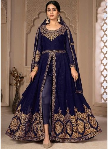 Embroidered Slit Style Georgette Suit In Navy Blue