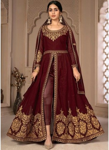 Embroidered Maroon Georgette  Slit Style Pant Suit