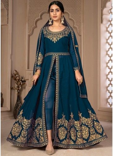 Blue Georgette Embroidered Slit Style Pant Suit