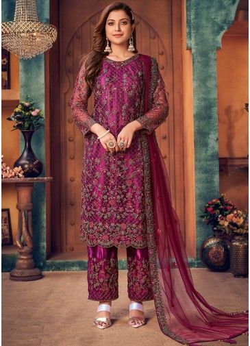 Purple Thread Embroidered Pant Style Suit In Net 