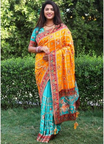 Turquoise And Yellow Half N Half Saree With Blouse