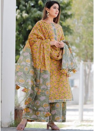 Readymade Yellow Floral Block Printed Palazzo Suit