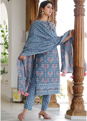 Blue Block Printed Readymade Pant Style Suit