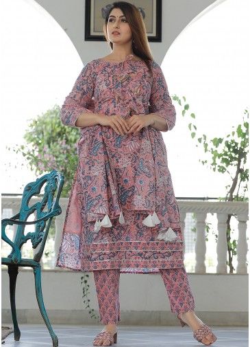 Pink Block Printed Readymade Pant Style Suit