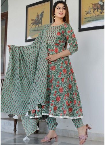 Green Readymade Block Print Anarkali Suit