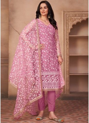 Pink Embroidered Pant Sawar Suit In Net