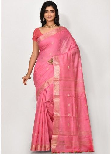 Pink Handloom Viscose Saree With Blouse