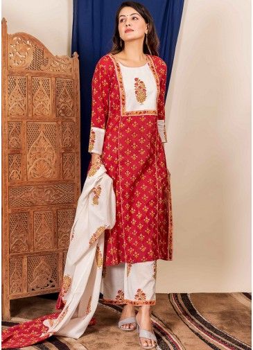 Red Floral Block Printed Readymade Pant Suit