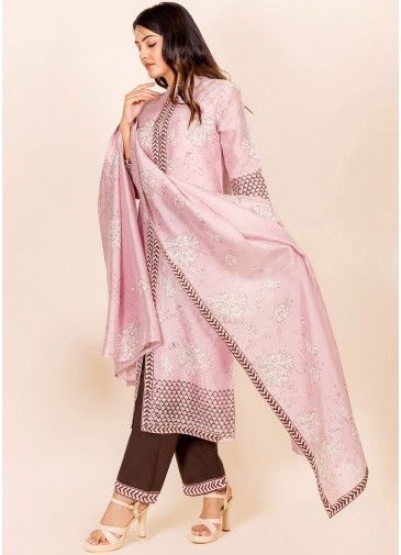 Readymade Pink Floral Block Printed Suit In Chanderi