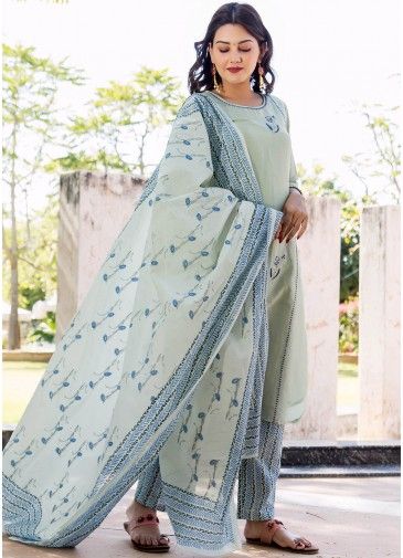 Green Embroidered Readymade Chanderi Suit