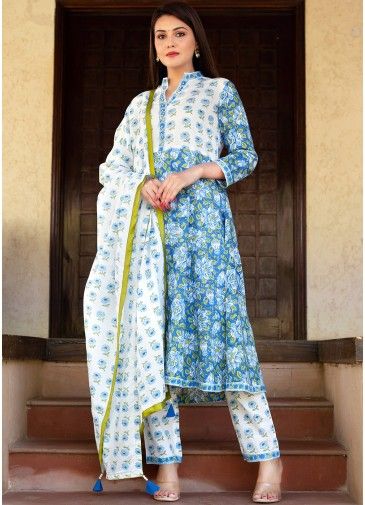 Readymade Blue Floral Pant Style Suit In Cotton