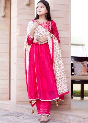 Readymade Pink Chanderi Pant Style Anarkali Suit